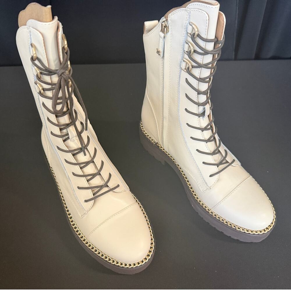 Sam Edelman Lenley Combat Boots Women 7M Ivory Leather Gold Chain Lace Up NEW